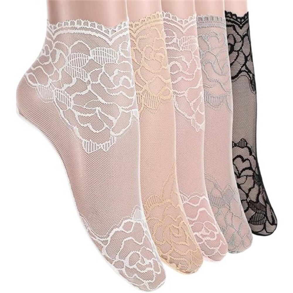 5 Pairs Lace Socks Women Sexy Mesh Sheer Ankle Socks Cute Fishnet Ruffle - Picture 8 of 8